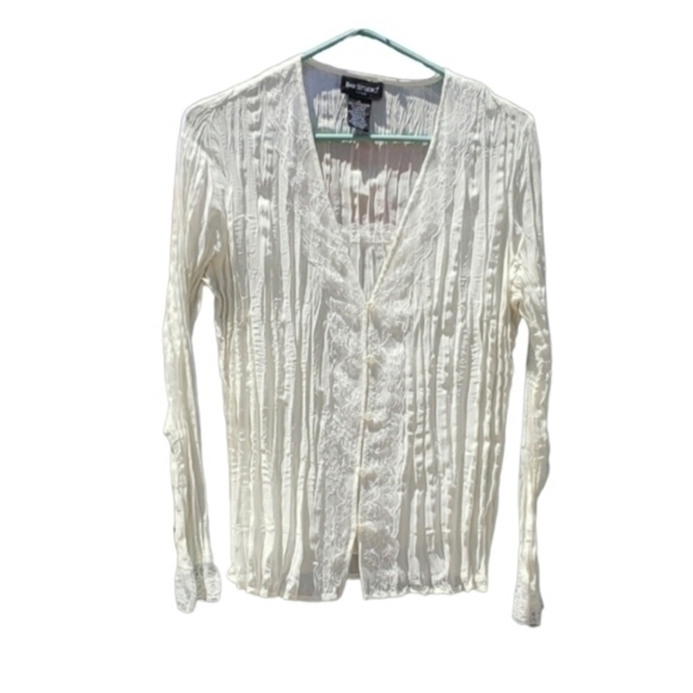 Bay Studio Cream Stretchy Ruching Lace Beaded Sequin Blouse Top Medium N…